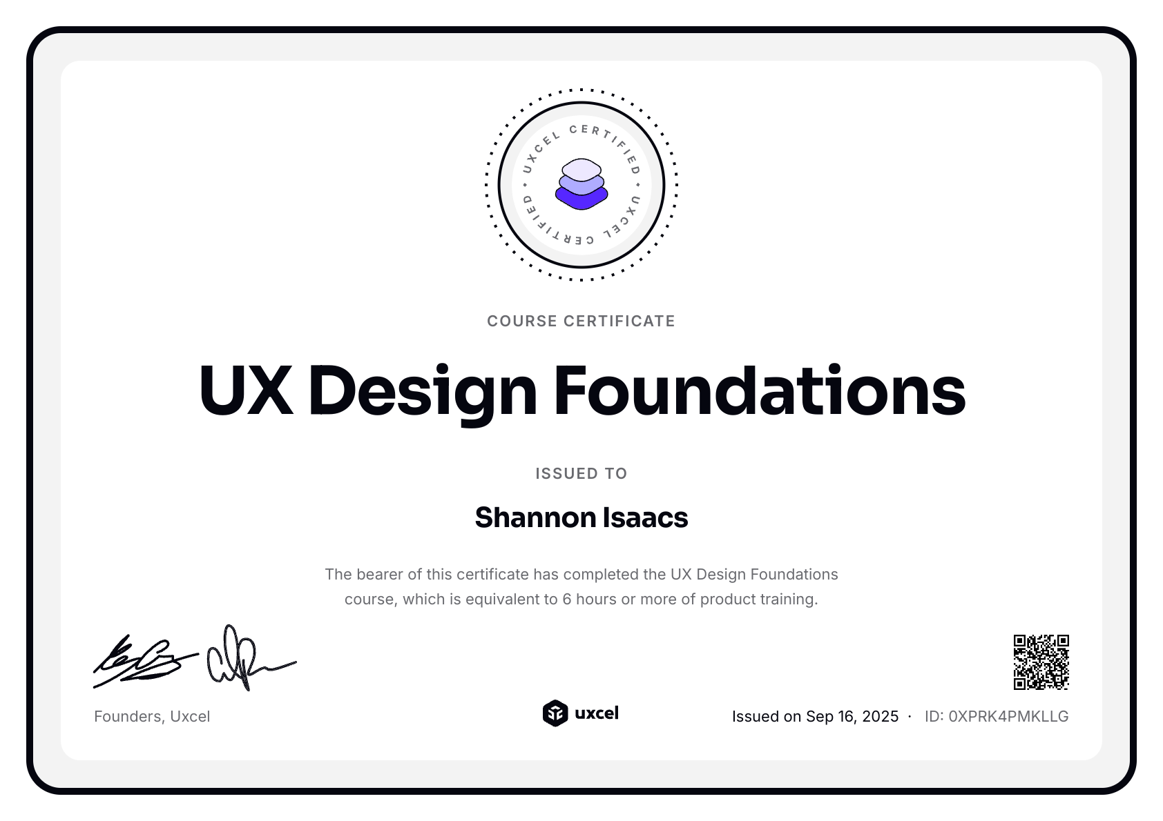 Shannon Isaacs's certificate